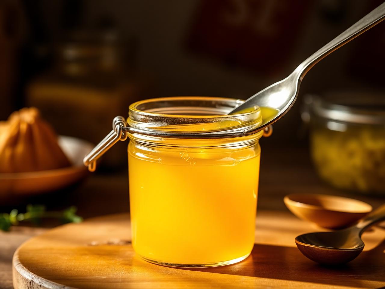 Golden ghee in a glass jar with a spoon